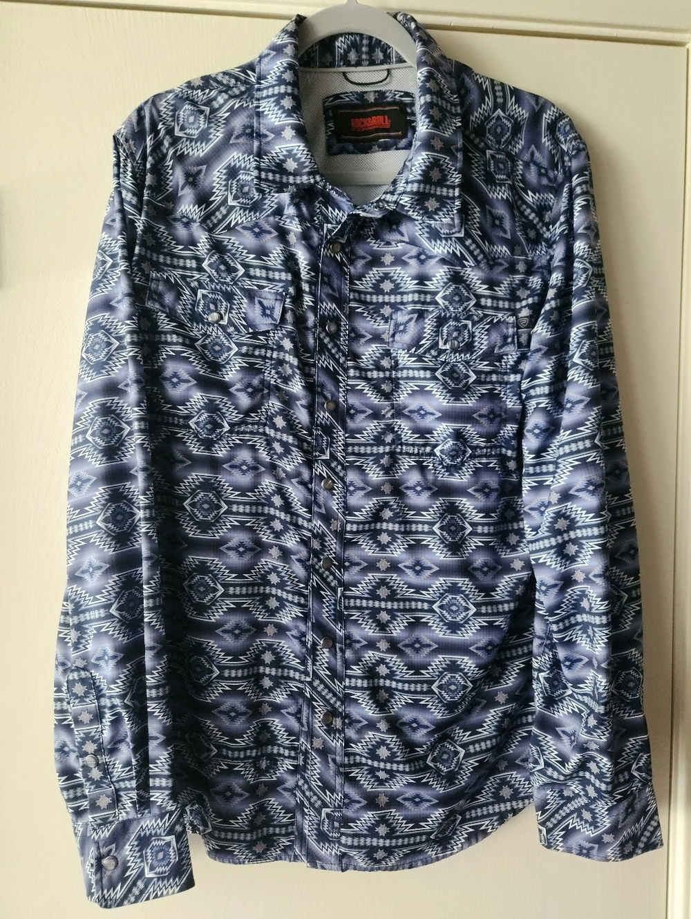 Rock & Roll Denim Men's Blue Aztec Gray Pearl Snap 🤠 Western Shirt XL EUC $28